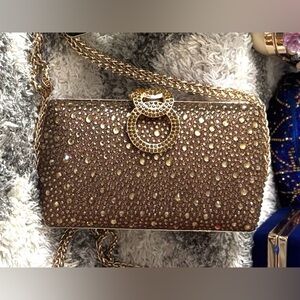 Embellished Brown Crystal Crossbody Bag with Gold Hardware